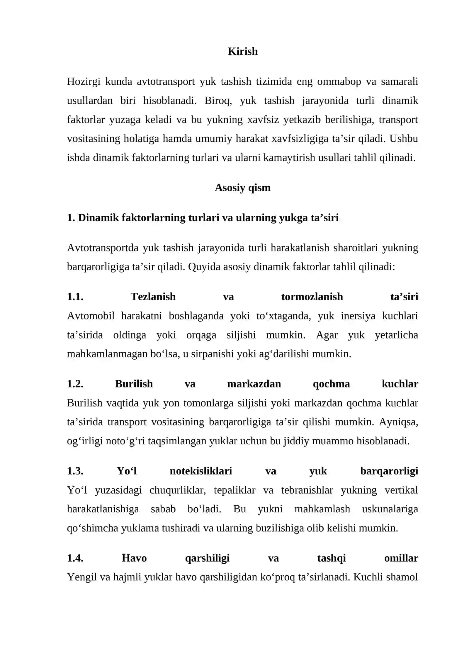 Avtotransport yuk tashishda dinamik faktorlarning ta’siri va ularni kamaytirish usullari 2