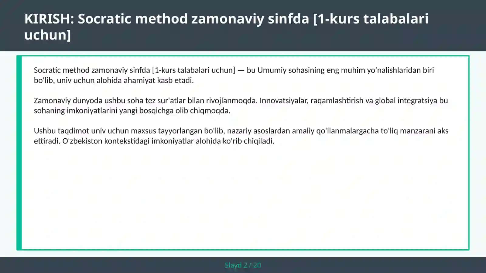 Socratic method zamonaviy sinfda [1-kurs talabalari uchun] 2