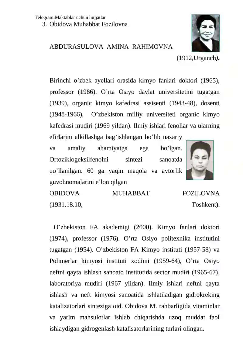 O’zbek kimyogar olimalari 2