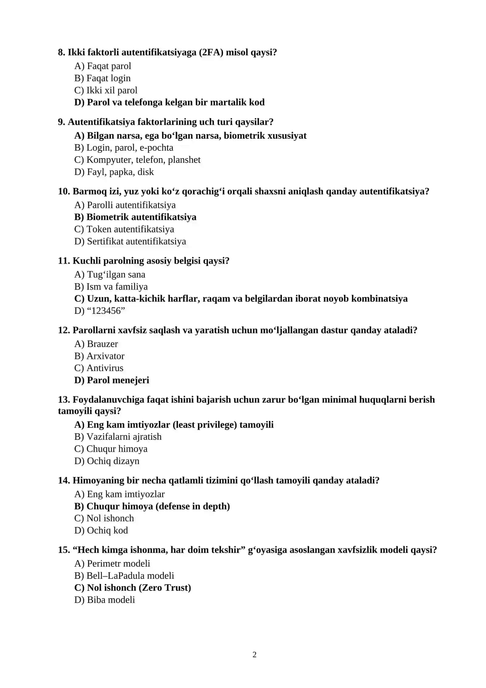 KIBERXAVFSIZLIK” DAN 100 TA TEST SAVOLLARI JAVOBLARI BILAN 2