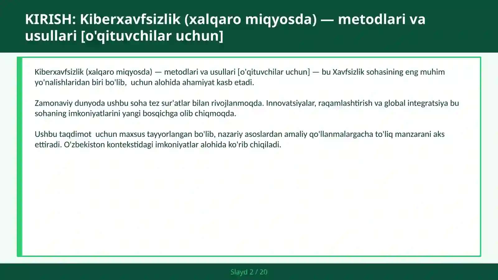 Kiberxavfsizlik (xalqaro miqyosda) — metodlari va usullari [o'qituvchilar uchun] 2