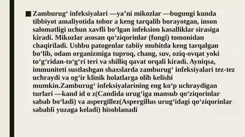 Zamburug' infeksiyalari (Kandidoz va aspirgellez) 2