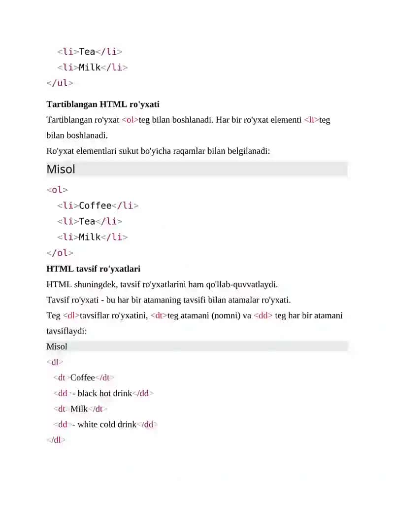 HTML ro'yxatlar bilan ishlash (kodlari bilan) 2
