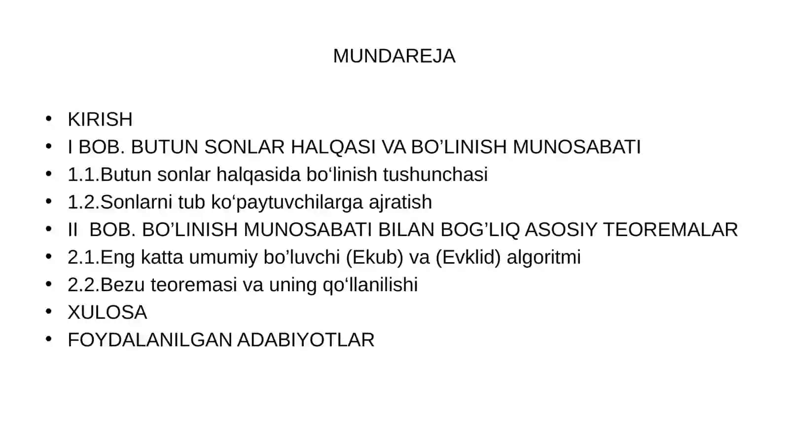 MATEMATIKA TA’LIM YO’NALISHI M_24_02 GURUH TALABASI TO’XTAMURODOVA MARJONANING “ALGEBRA” FANIDAN “BUTUN SONLAR HALQASIDA BO’LINISH MUNOSABATI” MAVZUSIDA KURS ISHIDAN TAQDIMOTI 2
