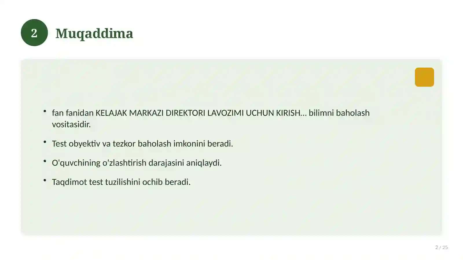 TAQDIMOT KELAJAK MARKAZI DIREKTORI LAVOZIMI UCHUN KIRISH TESTLARI 2026 2