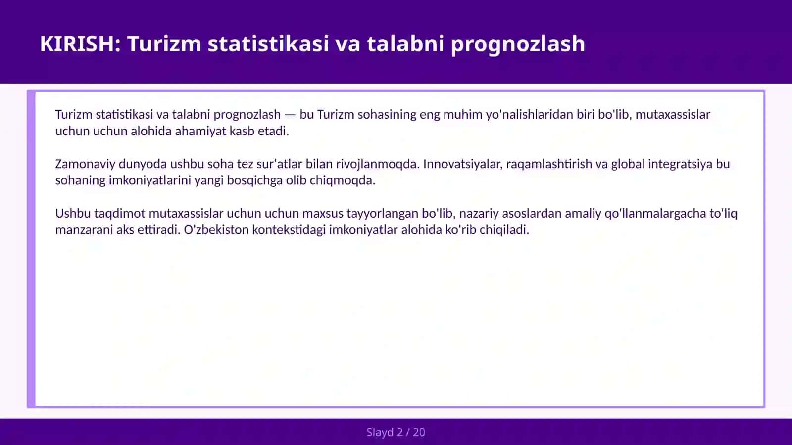 Turizm statistikasi va talabni prognozlash 2