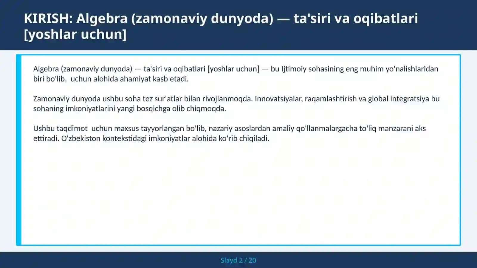 Algebra (zamonaviy dunyoda) — ta'siri va oqibatlari [yoshlar uchun] 2