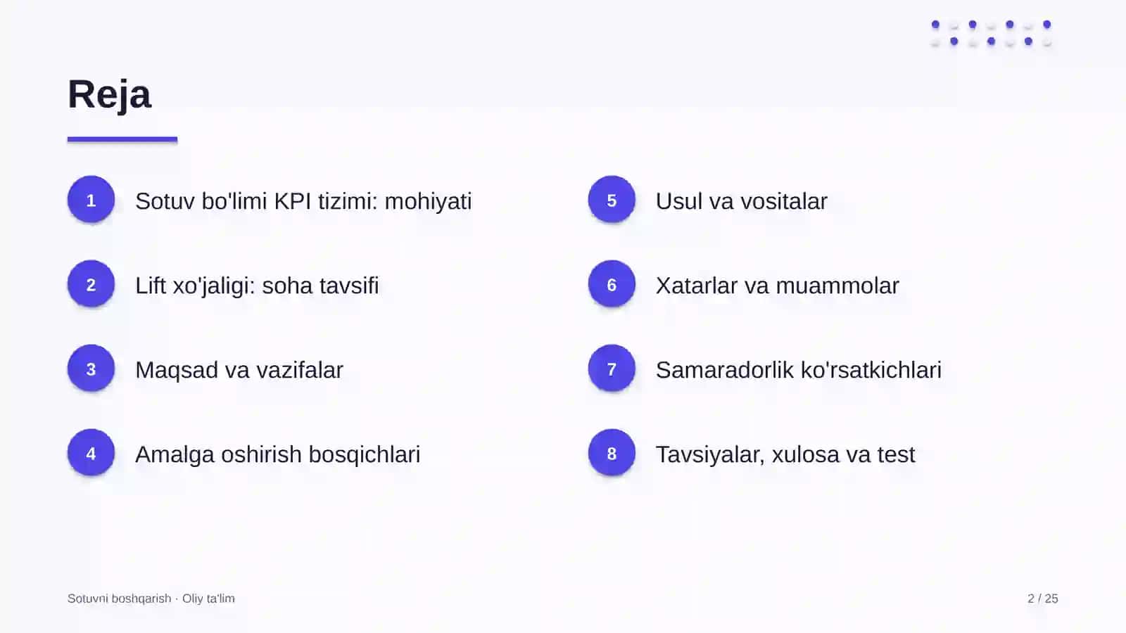 Lift xo'jaligida sotuv bo'limi KPI tizimini joriy etish 2