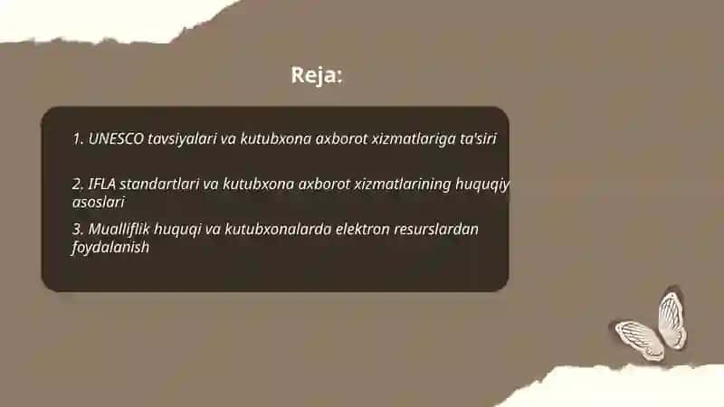 Kutubxona axborot xizmat korsatish xalqaro miqyosidagi va mamlakatimizdagi huquqiy meyoriy asoslari 2
