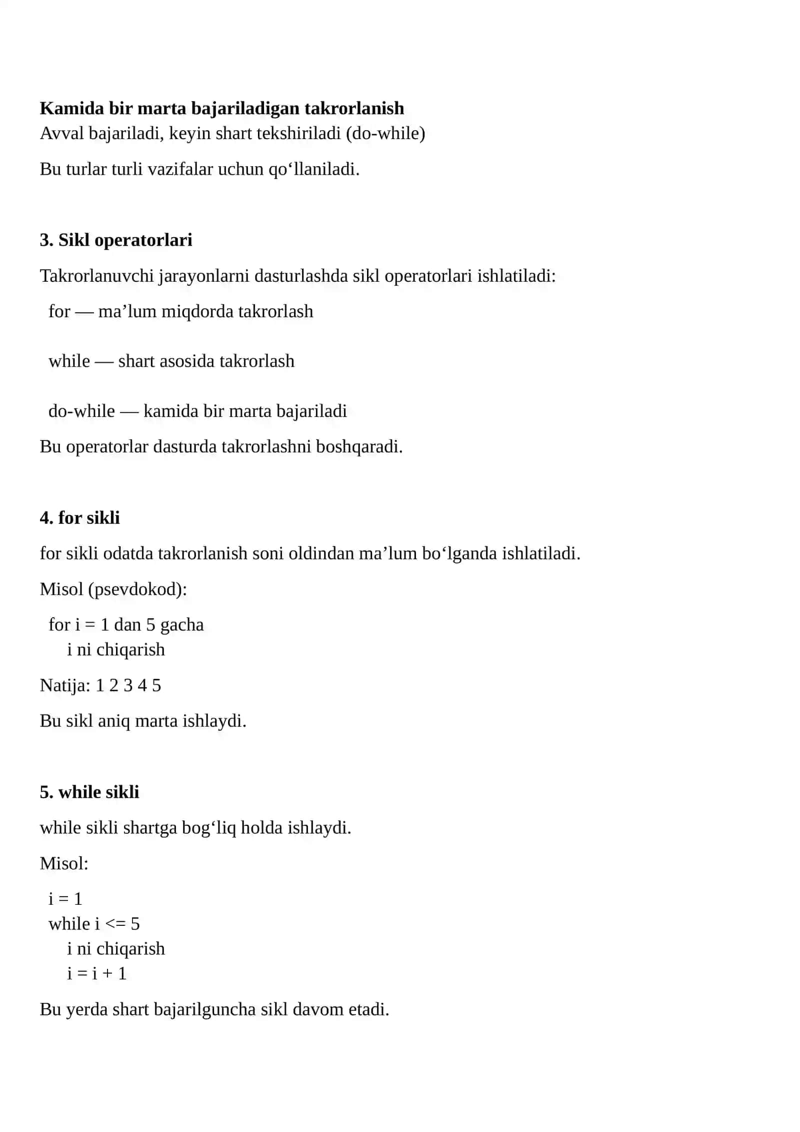 Takrorlanuvchi jarayonlarni dasturlash 2