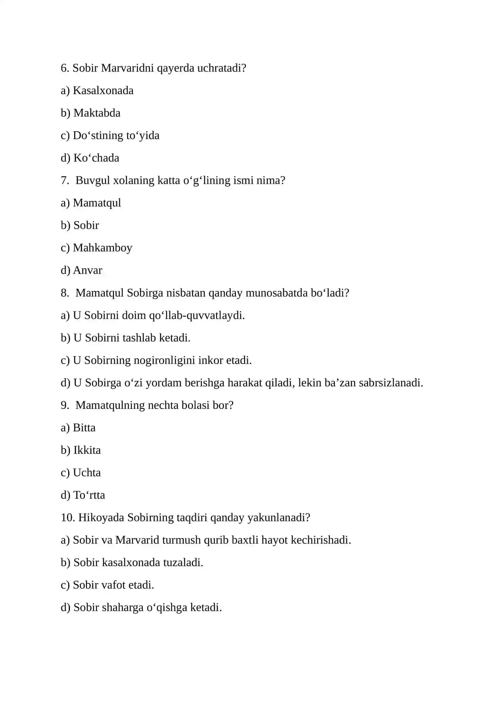 “Yozsiz yil” hikoyasi asosida test savollari 2