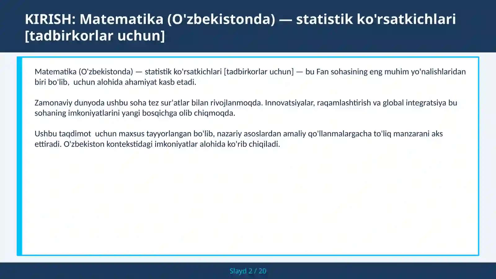 Matematika (O'zbekistonda) — statistik ko'rsatkichlari [tadbirkorlar uchun] 2