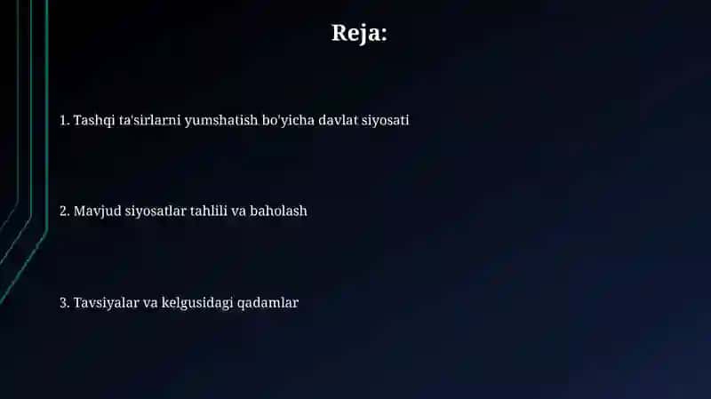 Tashqi ta'sirlarni yumshatish bo'yicha davlat siyosati 2