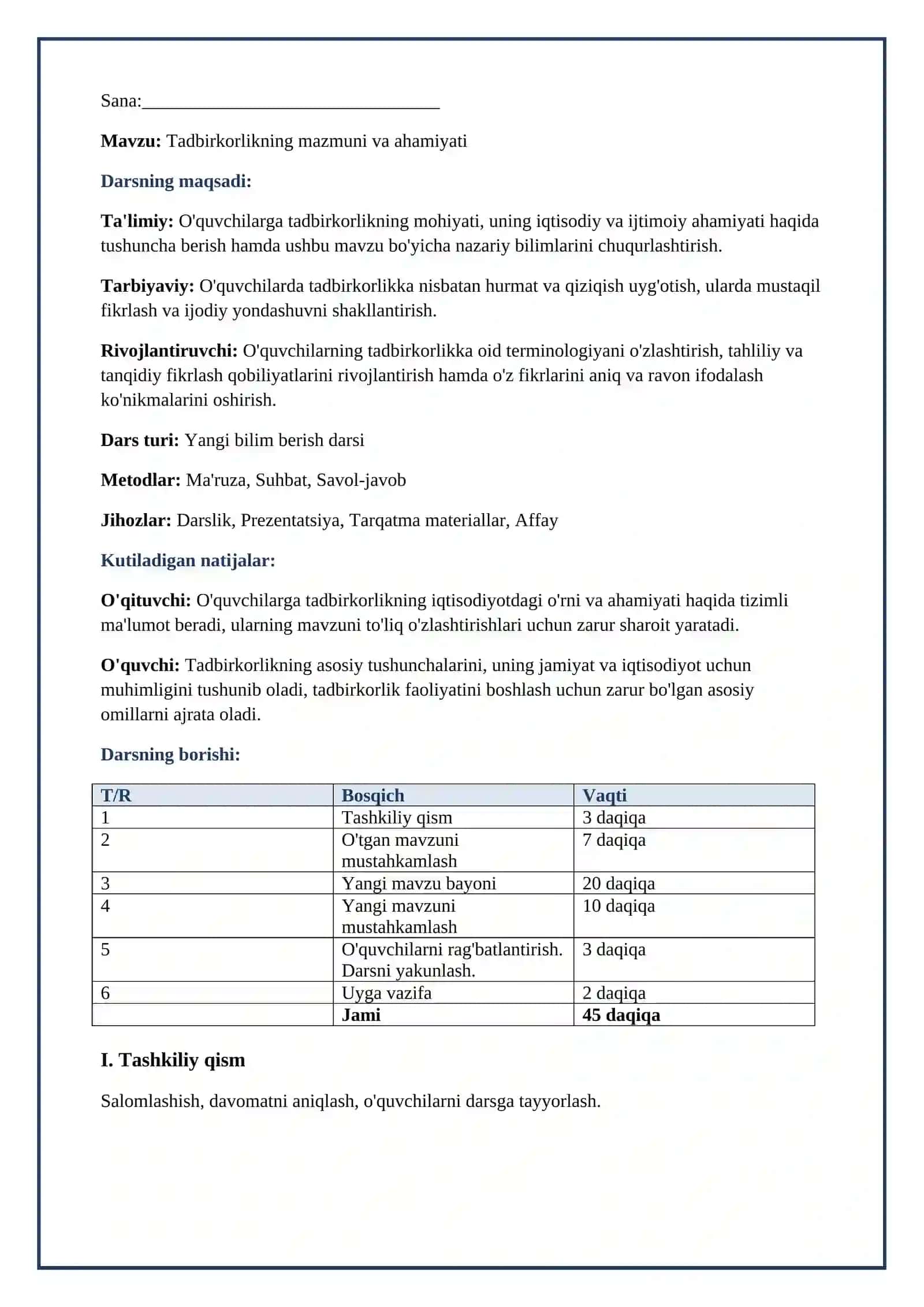 Lesson on Tadbirkorlikning mazmuni va axamiyati 2