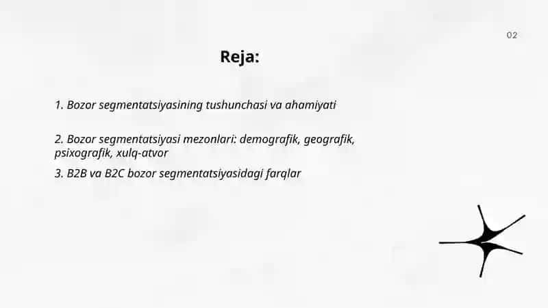 Bozor segmentatsiyasi va bozorda tovarni pozitsiyalash 2
