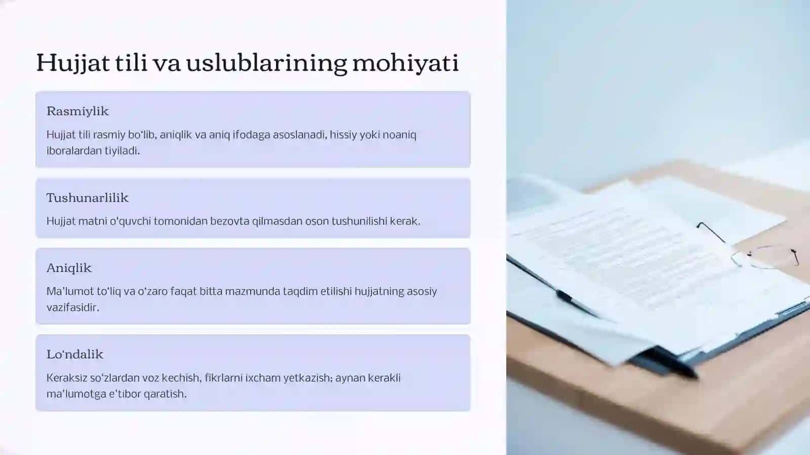Ish yuritish tili va uslubi Hujjatlar matniga qo‘yiladigan talablar 2