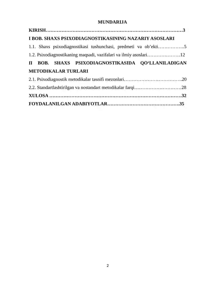 SHAXS SIXODIOGNOSTIKASIDA QO'LLANILADIGAN METODIKALAR TASNIFI. 2