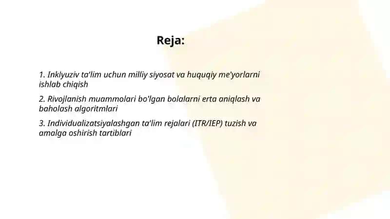 Rivojlanish muammolari bo'lgan bolalar uchun inklyuziv ta'limni keng ta'limiy amaliyotga joriy etish algaritimlari 2