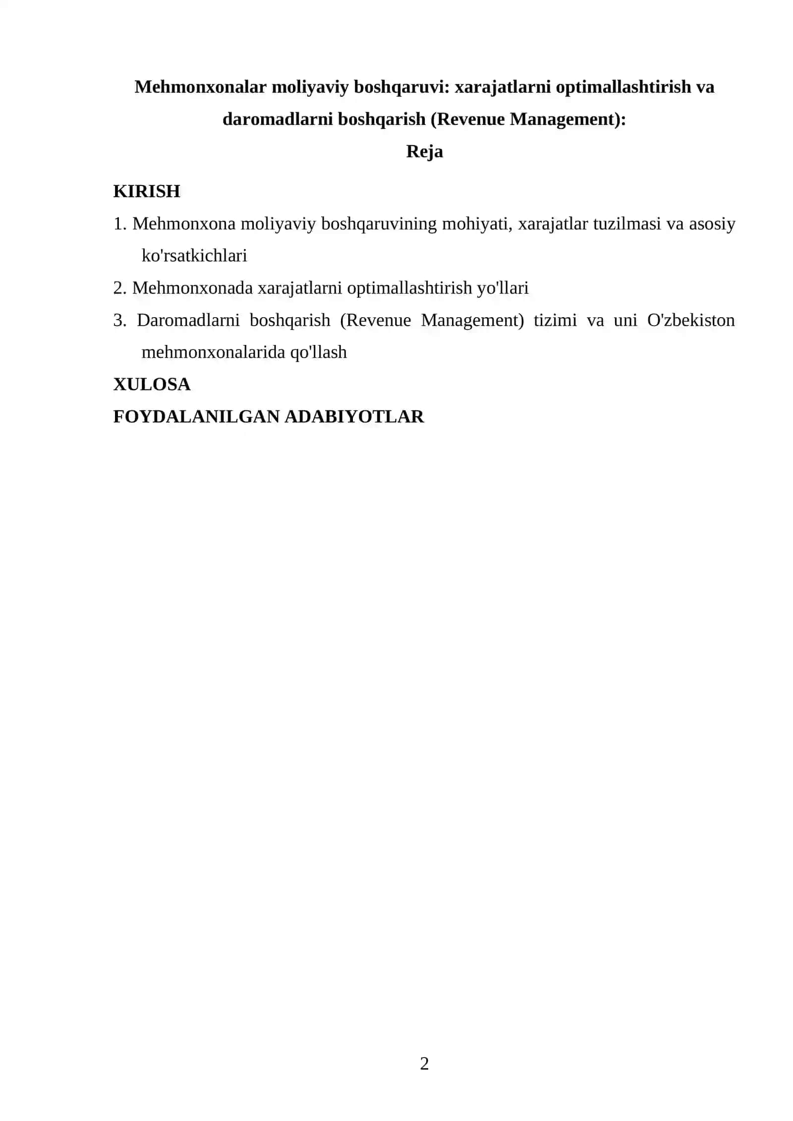 Mehmonxonalar moliyaviy boshqaruvining mohiyati, xarajatlar tuzilmasi va asosiy ko'rsatkichlari 2