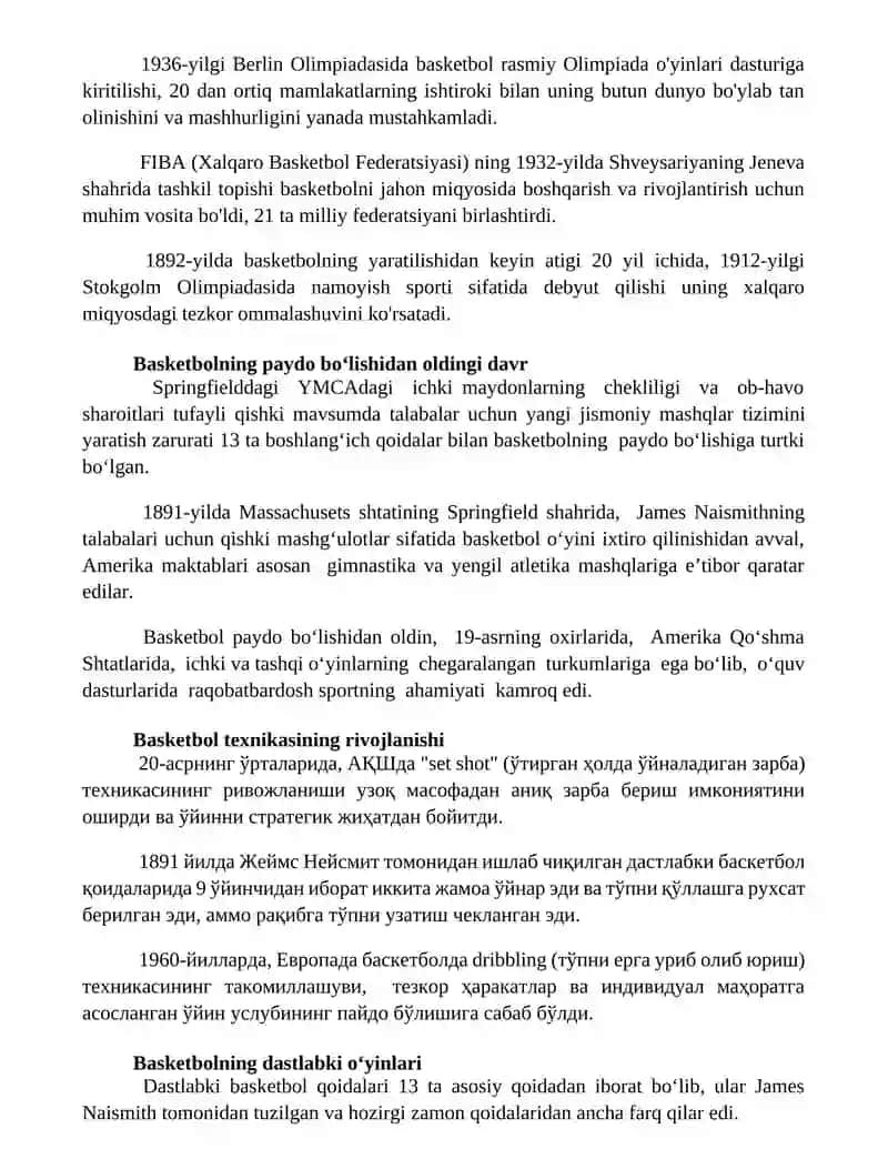 Basketbol o’yining kelib chiqishi va rivojlanish tarixi 2