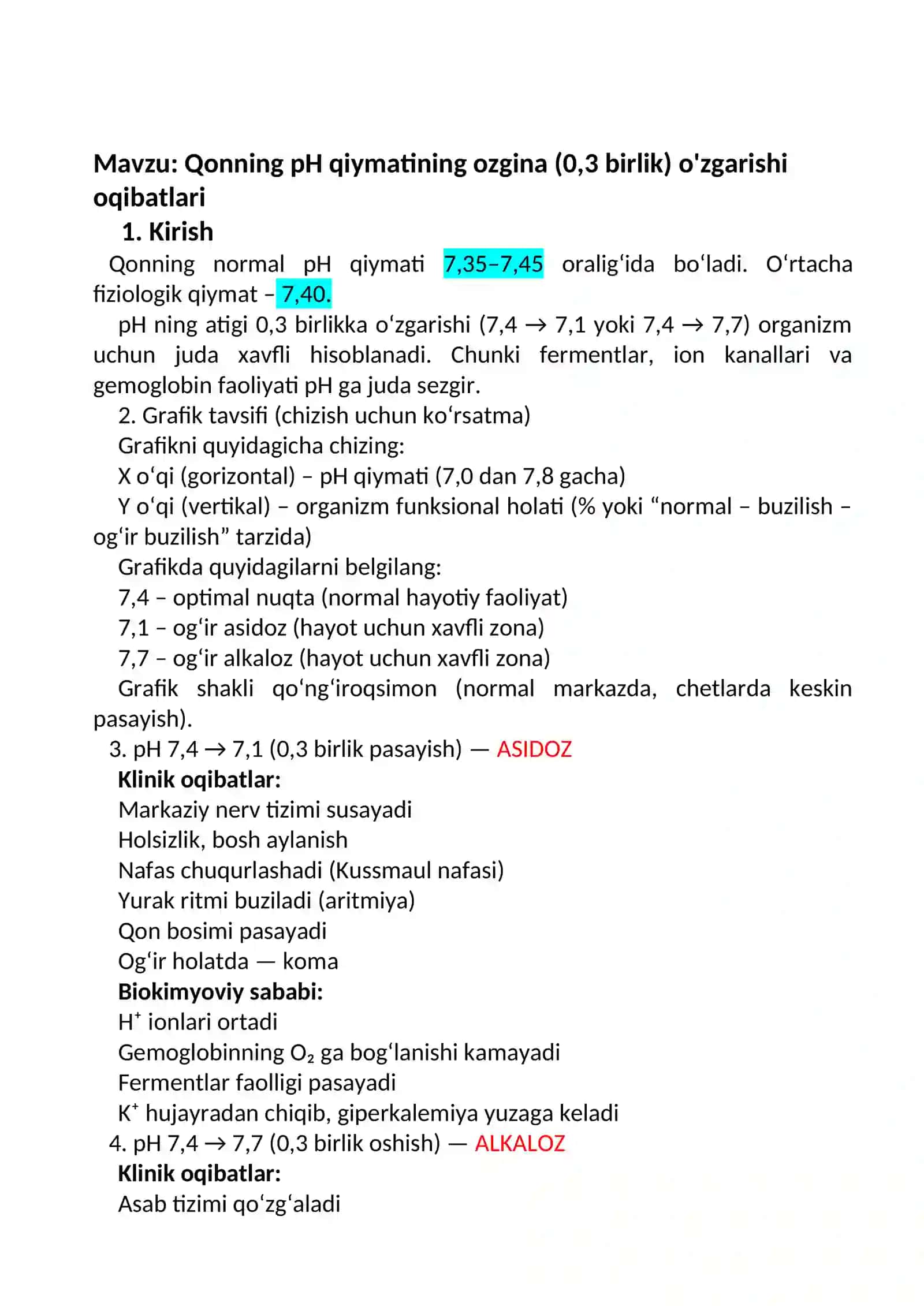 Qonning pH qiymatining ozgina (0,3 birlik) o'zgarishi oqibatlari 2