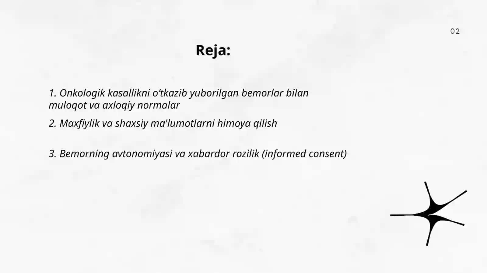 Xastaligi oʻtkazib yuborilgan onkologik bemorlar bilan ishlash deontologiyasi 2