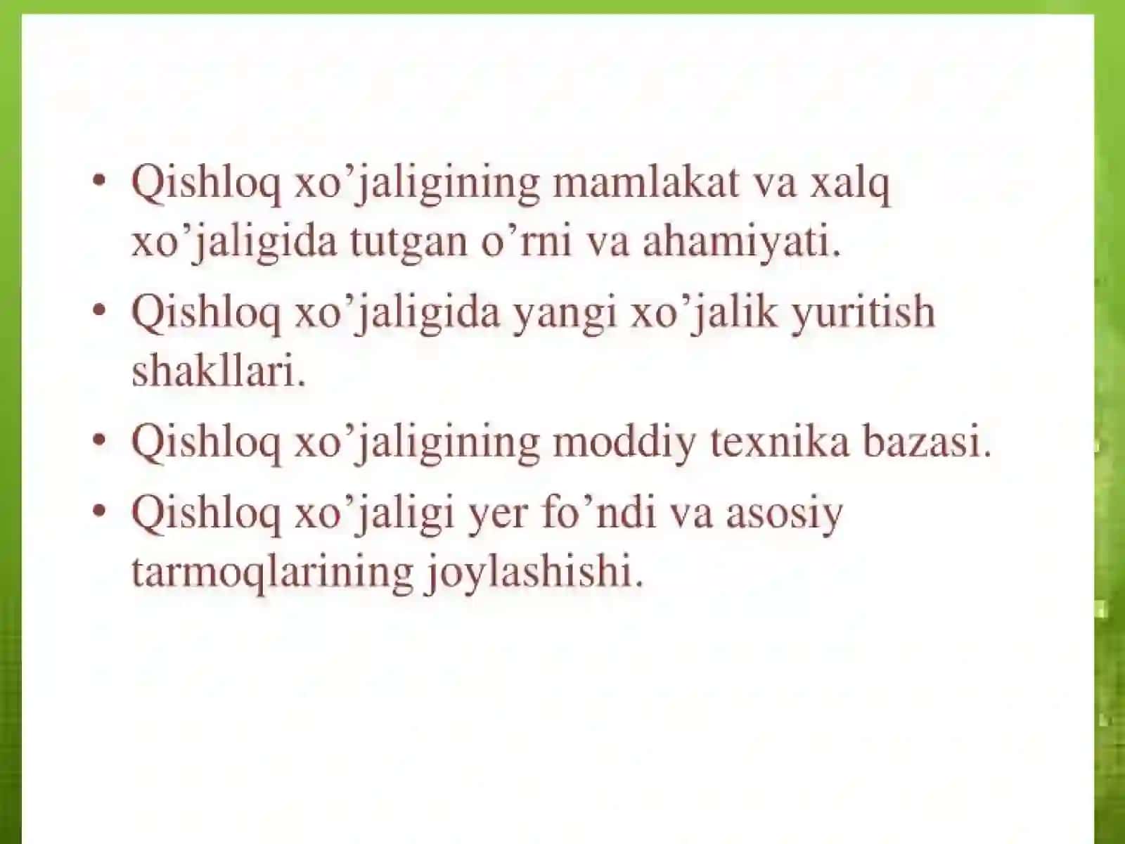 O`zbekistondaqishloqxo`jalikmahsulotlariyetishtirishvasaqlashningbugungiholativarivojlanishistiqbollari 2