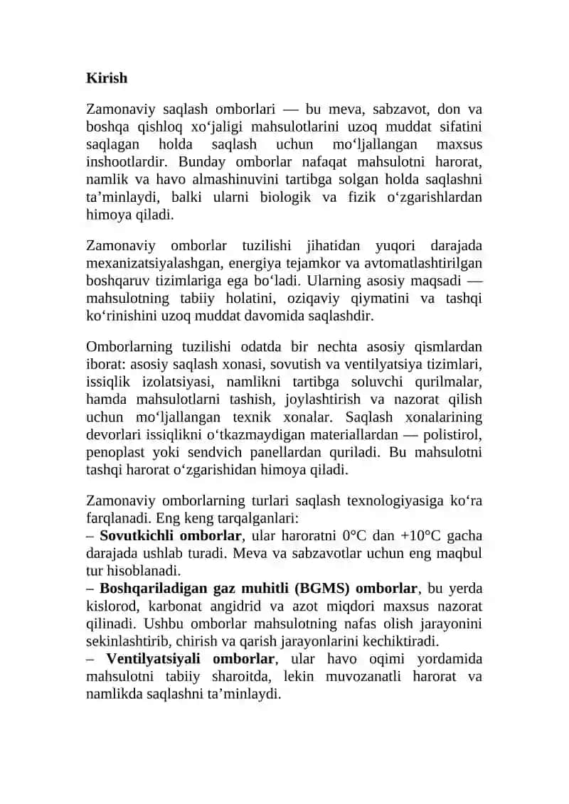 Zamonaviy saqlash omborlari tuzilishi, turlari va jixozlari. 2