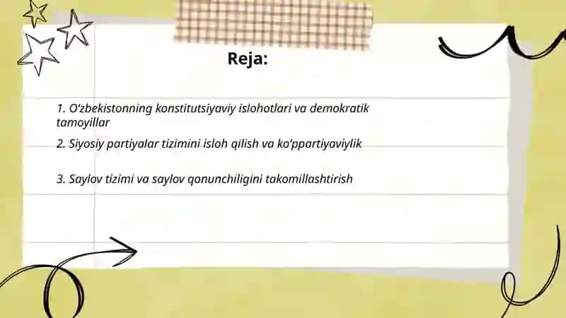 Oʻzbekistonda demokratik, fuqorolik jamiyati asoslarining shakllanishi, amalga oshirilgan siyosiy islohotlar 2
