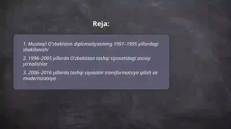 Mustaqil O'zbekiston diplomatiyasi tarixi va rivolanishi 2