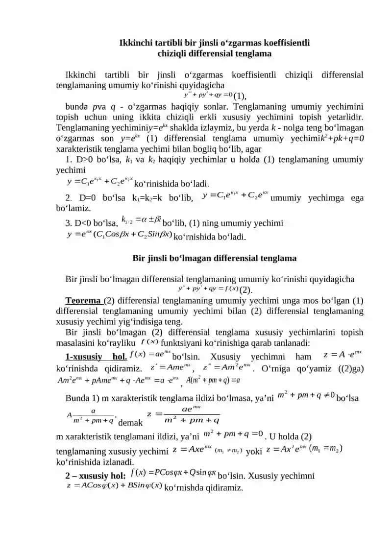 Differensial tenglamalarga doir misollar yechish. 2
