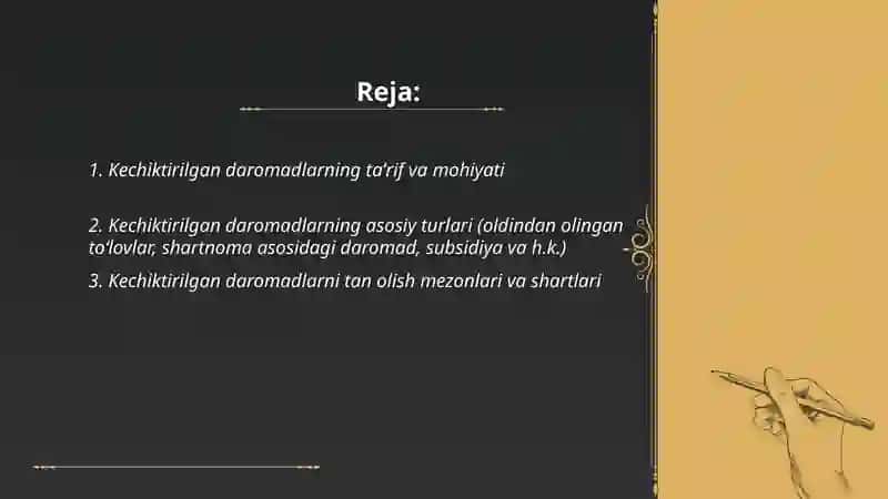 Kechiktirilgan daromadlar, buxgalteriya hisobining asosiy turlari va tartibi 2