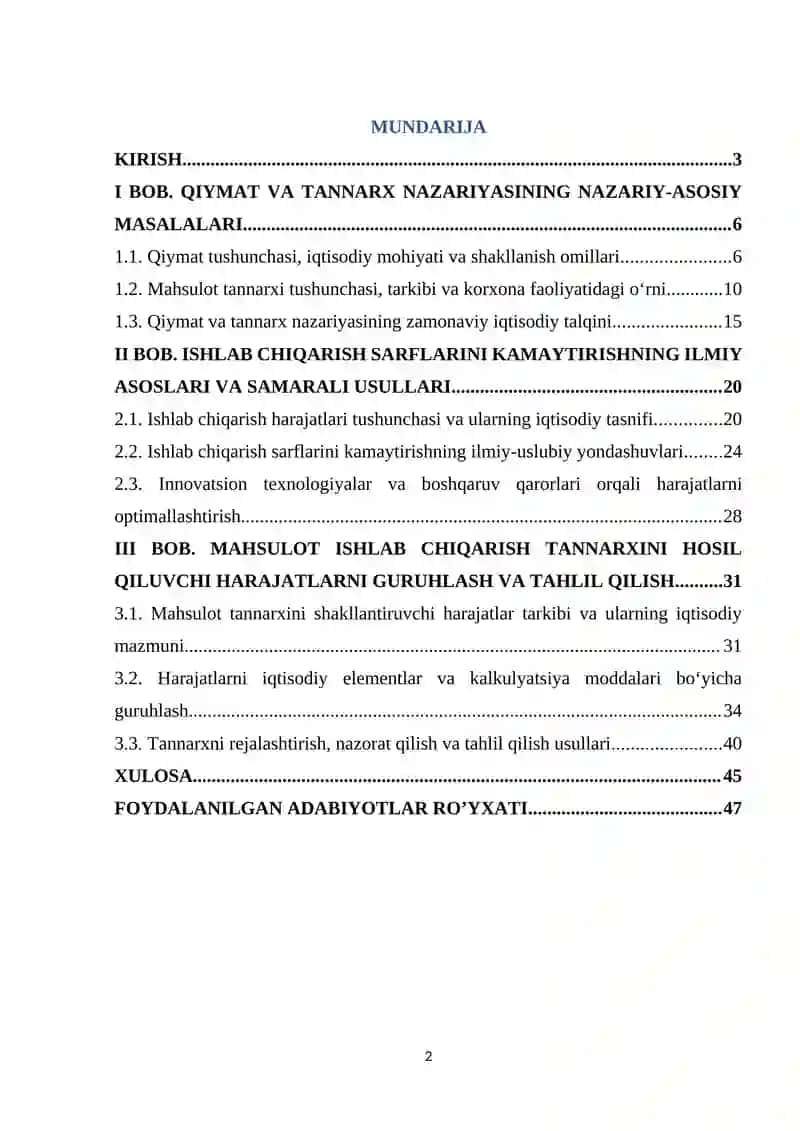 Qiymat va tannarx nazariyasi, ishlab chiqarish sarflarini kamaytirishning ilmiy asoslari. Mahsulot ishlab chiqarish tannarxini hosil qiluvchi harajatlarni guruhlash 2