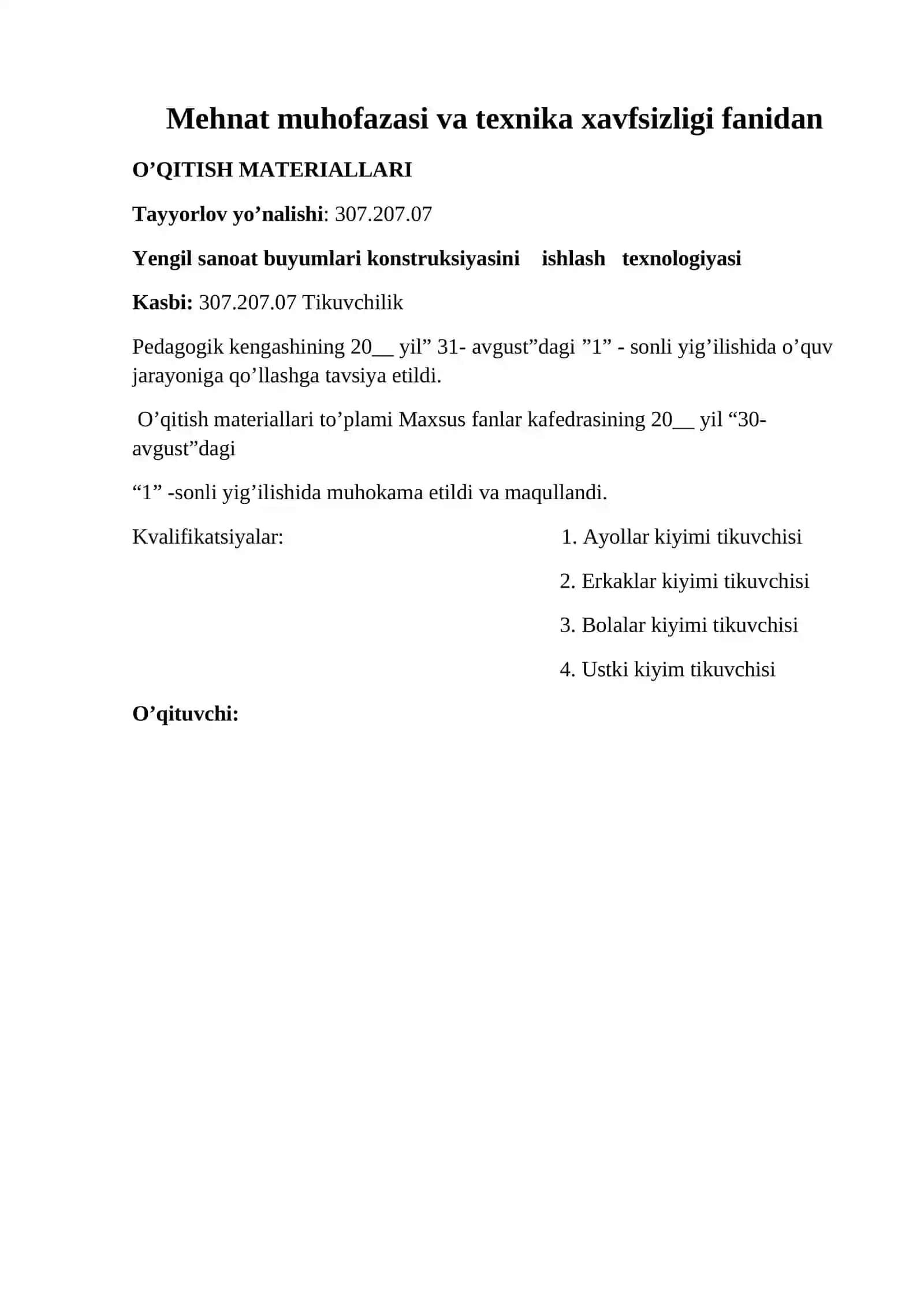Mehnat muhofazasi va texnika xavfsizligi fanidan O’QITISH MATERIALLARI TO'PLAMI 2