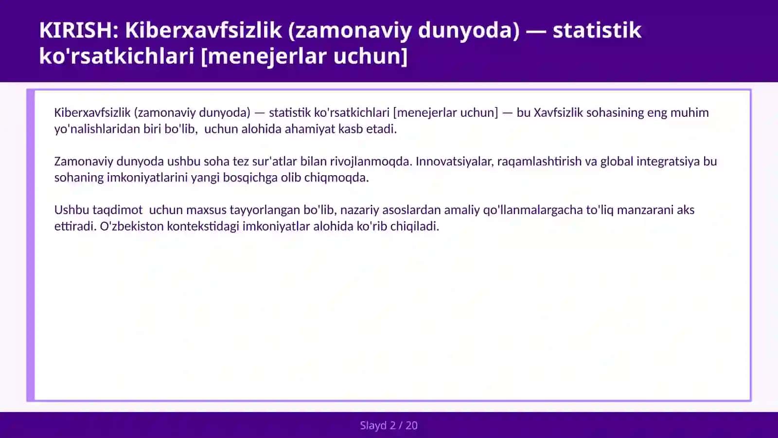 KIBERXAVFSIZLIK (ZAMONAVIY DUNYODA) — STATISTIK KO'RSATKICHLARI [MENEJERLAR UCHUN] 2