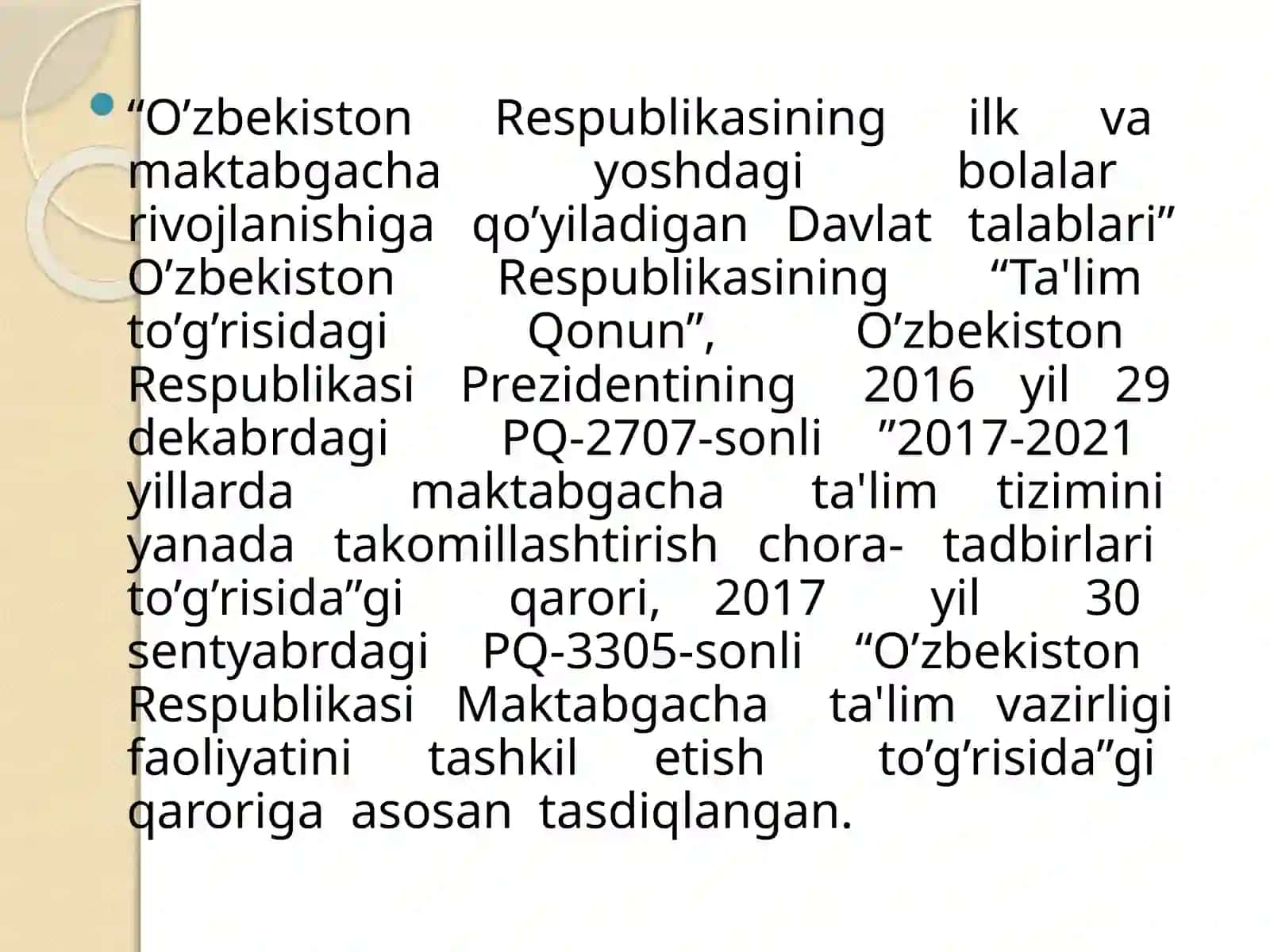O’zbеkiston Rеspublikasining ilk va maktabgacha yoshdagi bolalar rivojlanishiga qo’yiladigan Davlat talablari 2