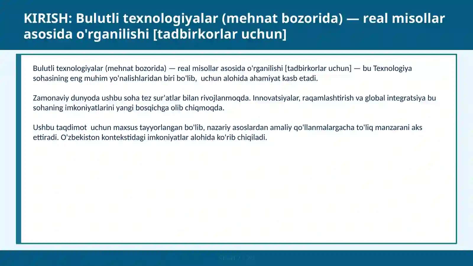 Bulutli texnologiyalar (mehnat bozorida) — real misollar asosida o'rganilishi [Tadbirkorlar uchun] 2