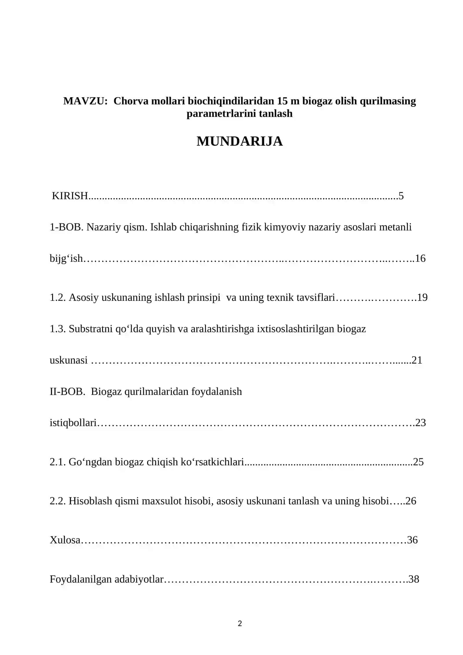 Chorva mollari biochiqindilaridan 15 m biogaz olish qurilmasing parametrlarini tanlash 2