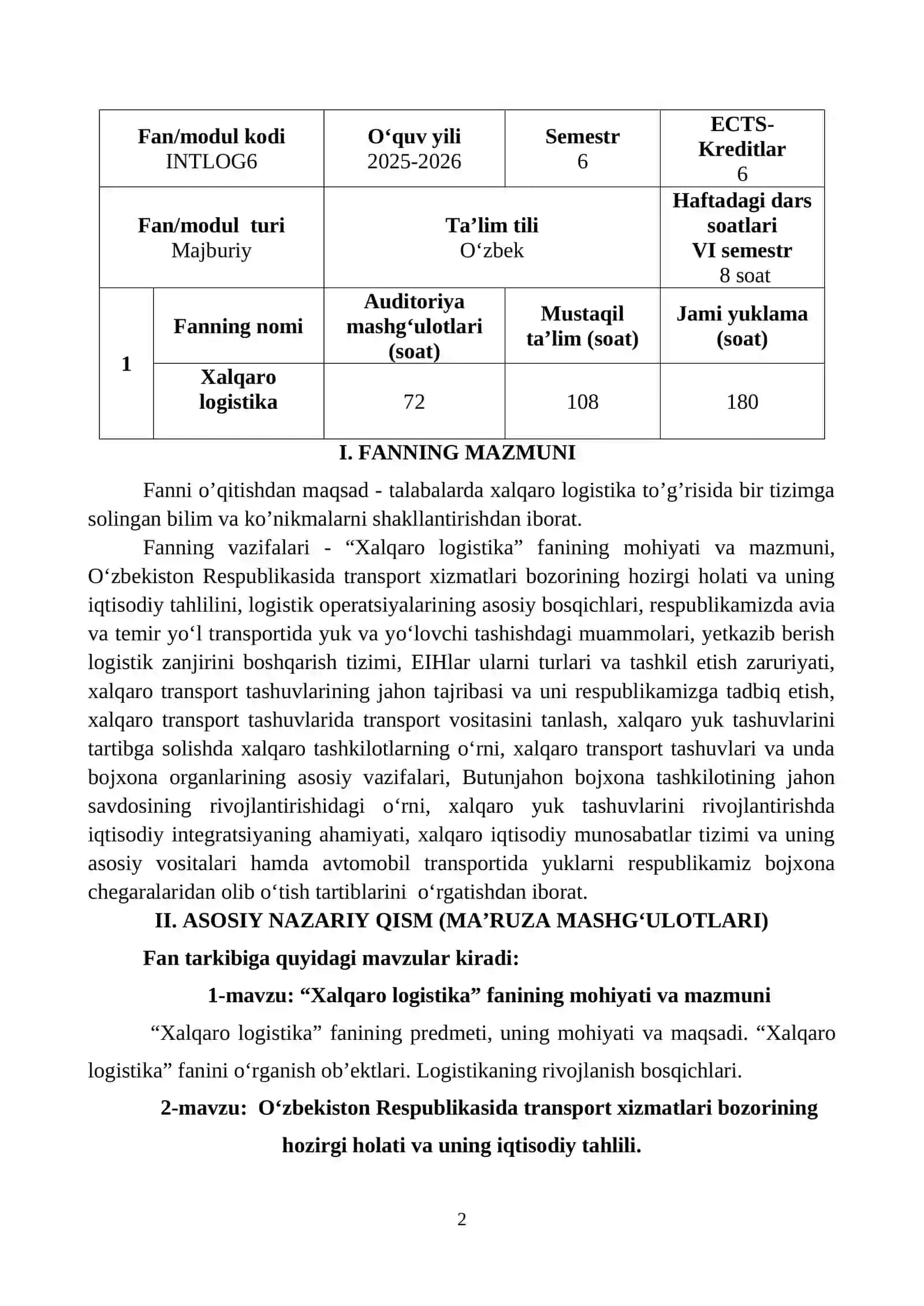 Xalqaro Logistika Fanining O'quv Dasturi 2