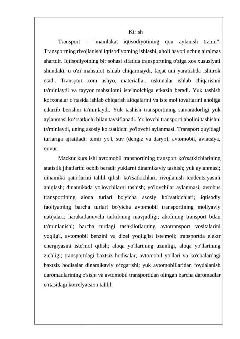 Avtomobil transporti harakatlanuvchi tarkib ishi statistik kuzatuvi va tahlili 2