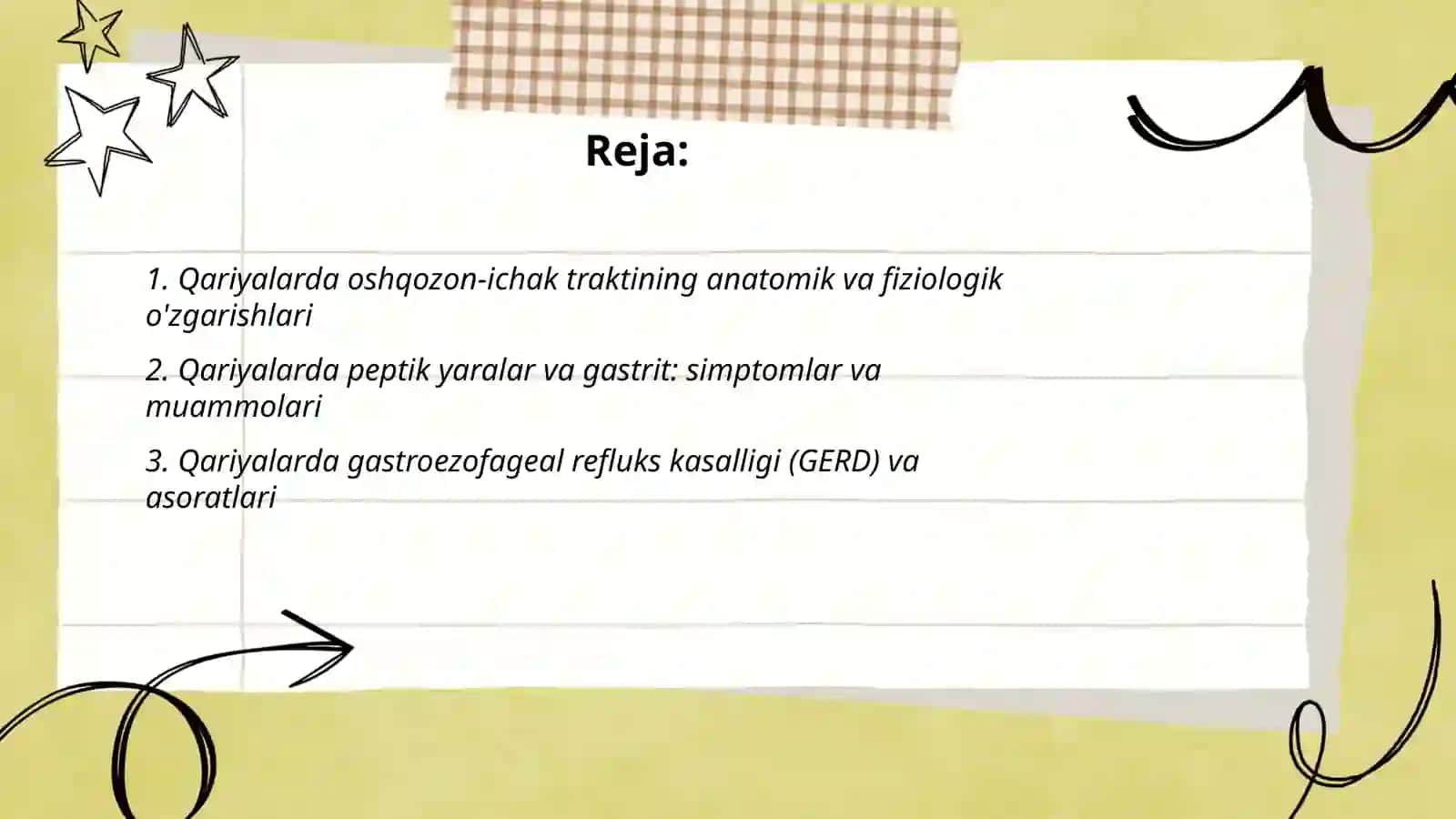 Geriatriya qariyalarda oshqozon ichak trakti kasalliklari va siydik ajralish tizimi kasalliklarini qariyalarda kuzatilishi va muammolari 2