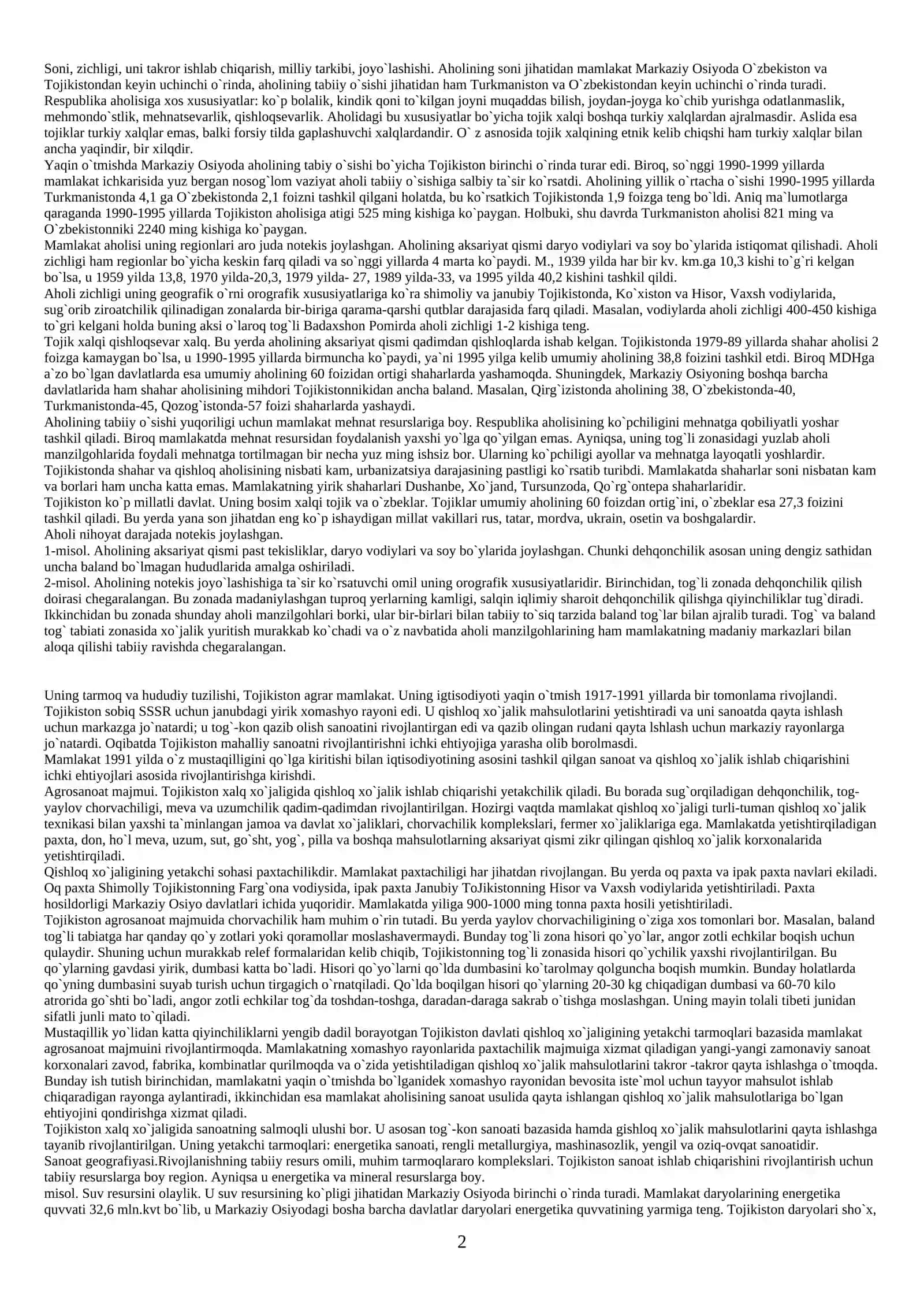 Tojikiston Respublikasining geografik o`rni, tabiiy sharoiti va tabiiy resurslari 2
