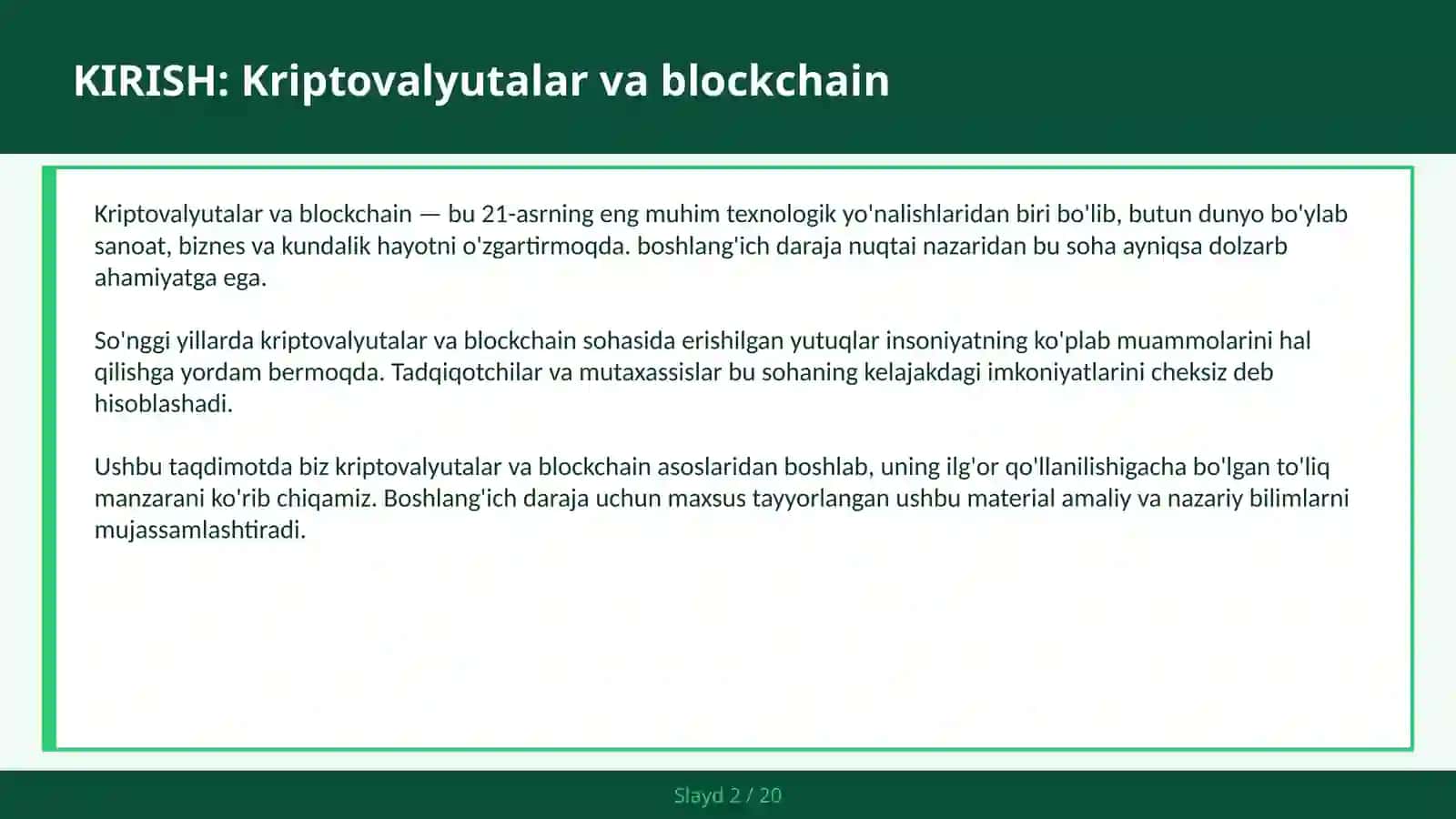 KRIPTOVALYUTALAR VA BLOCKCHAIN - boshlang'ich daraja 2