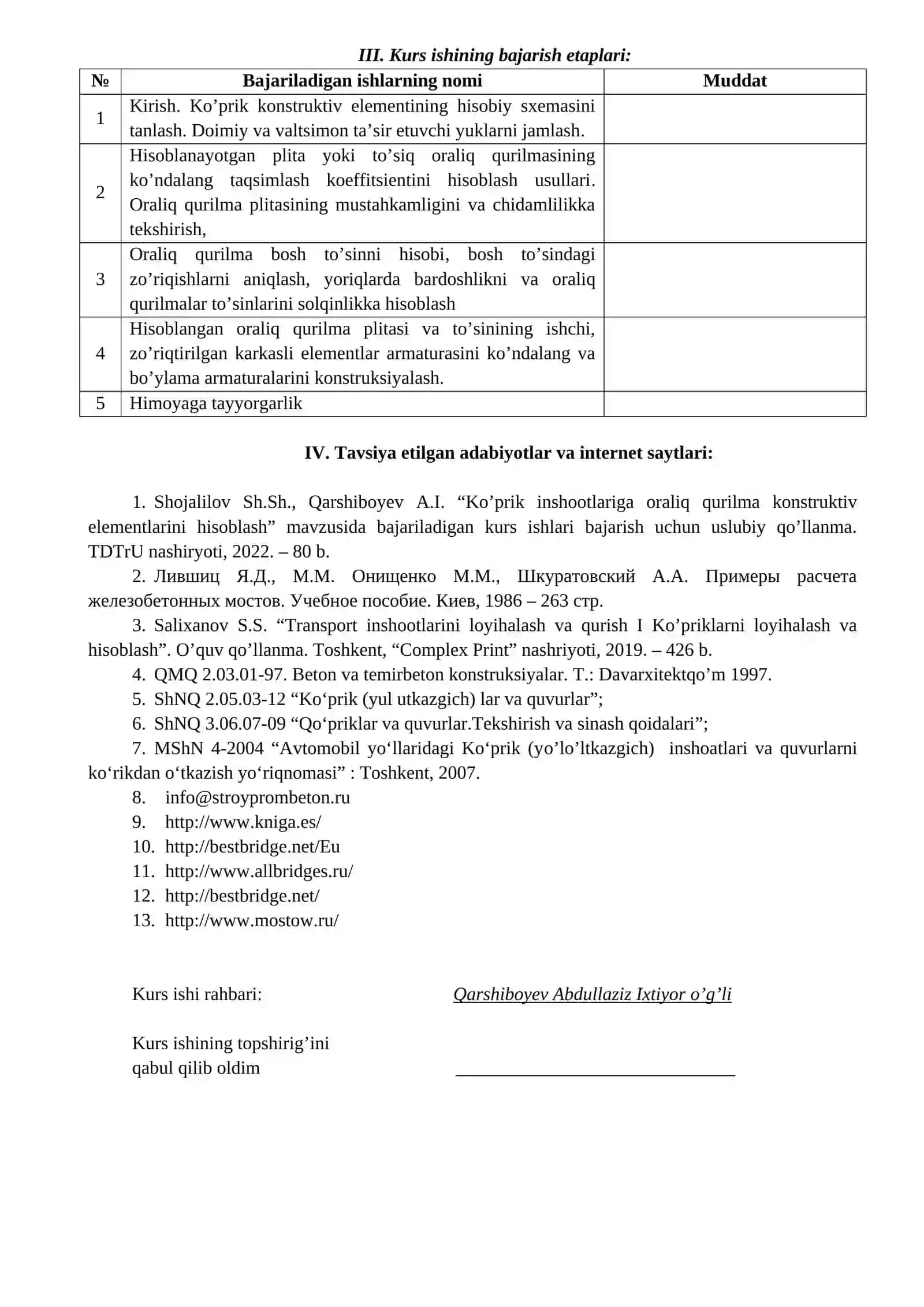 “Qo’prik inshootlariga oraliq qurilma konstruktiv elementlarini hisoblash” mavzusi 2