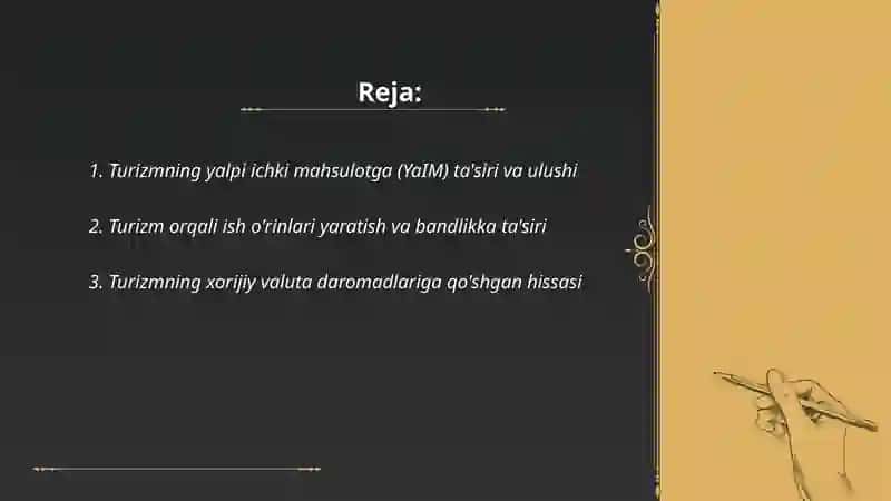 Turizm sohasining iqtisodiy o'sishga qo'shayotgan hissasini tahlil qilish Mardona 2
