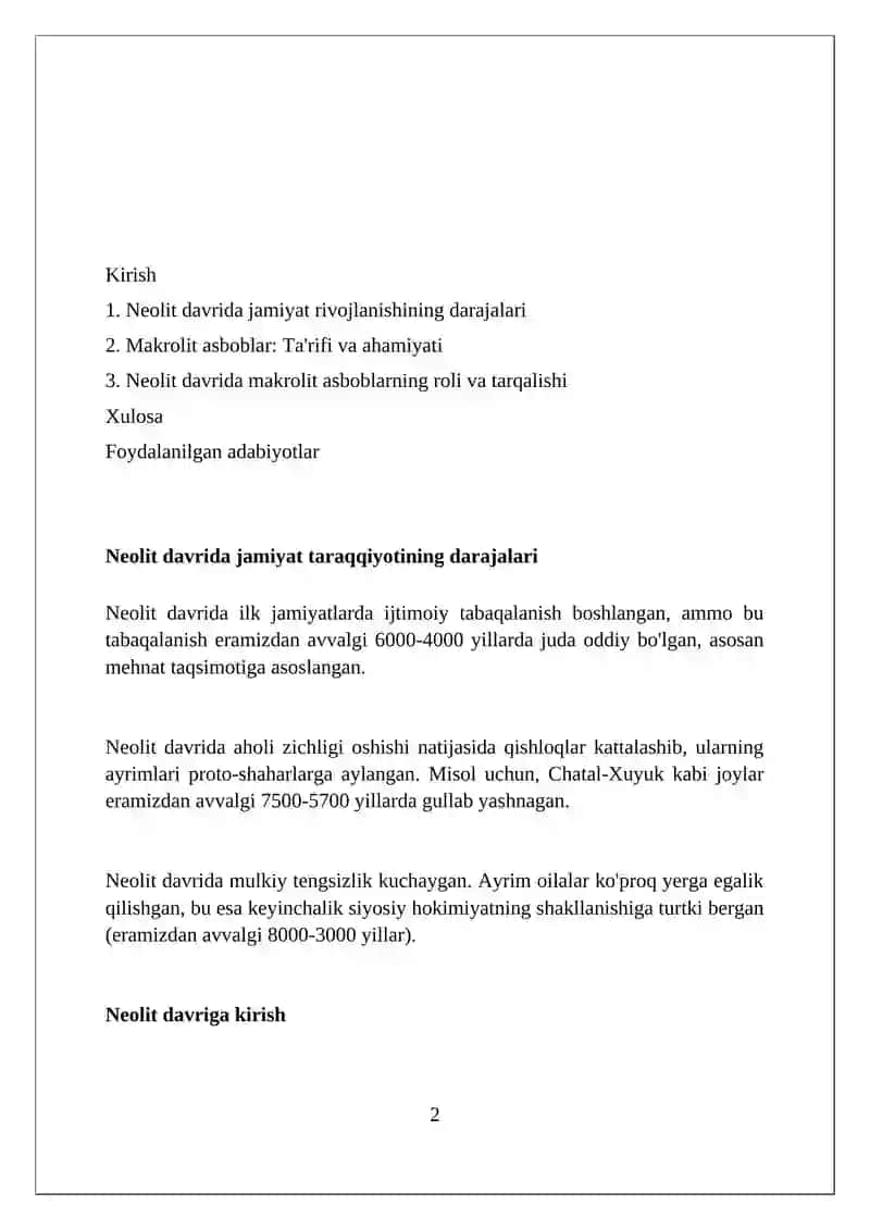 Neolit davrida jamiyatlar taraqqiyoti darajalari. Makrolit qurollar 2