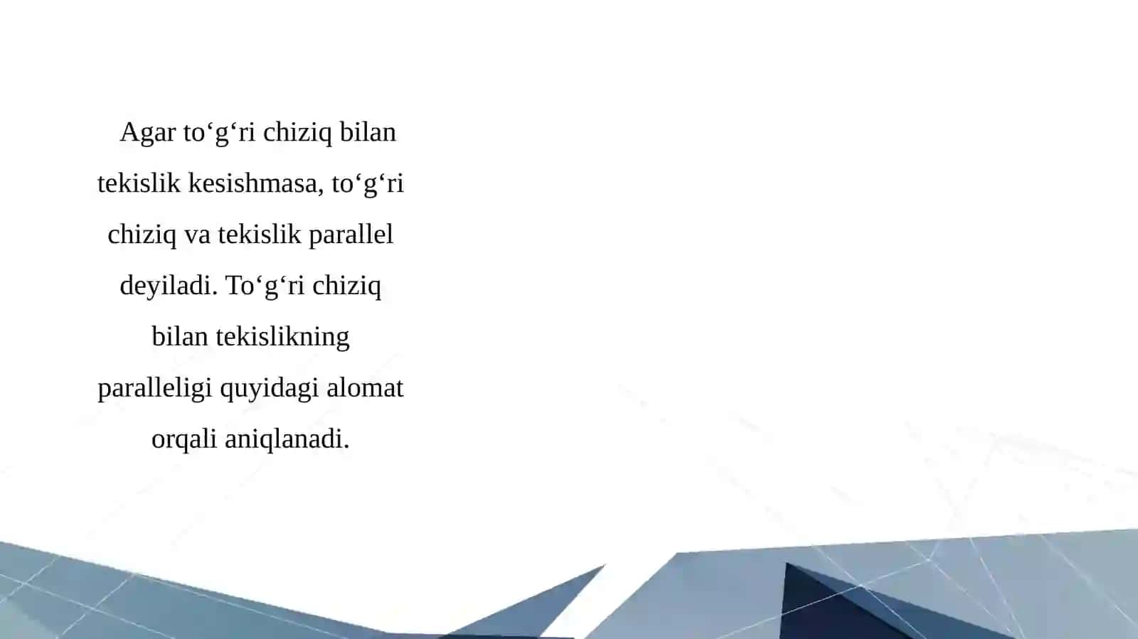 Fazodato’g’richiziq va tekislikning o’zaro joylashuvi 2