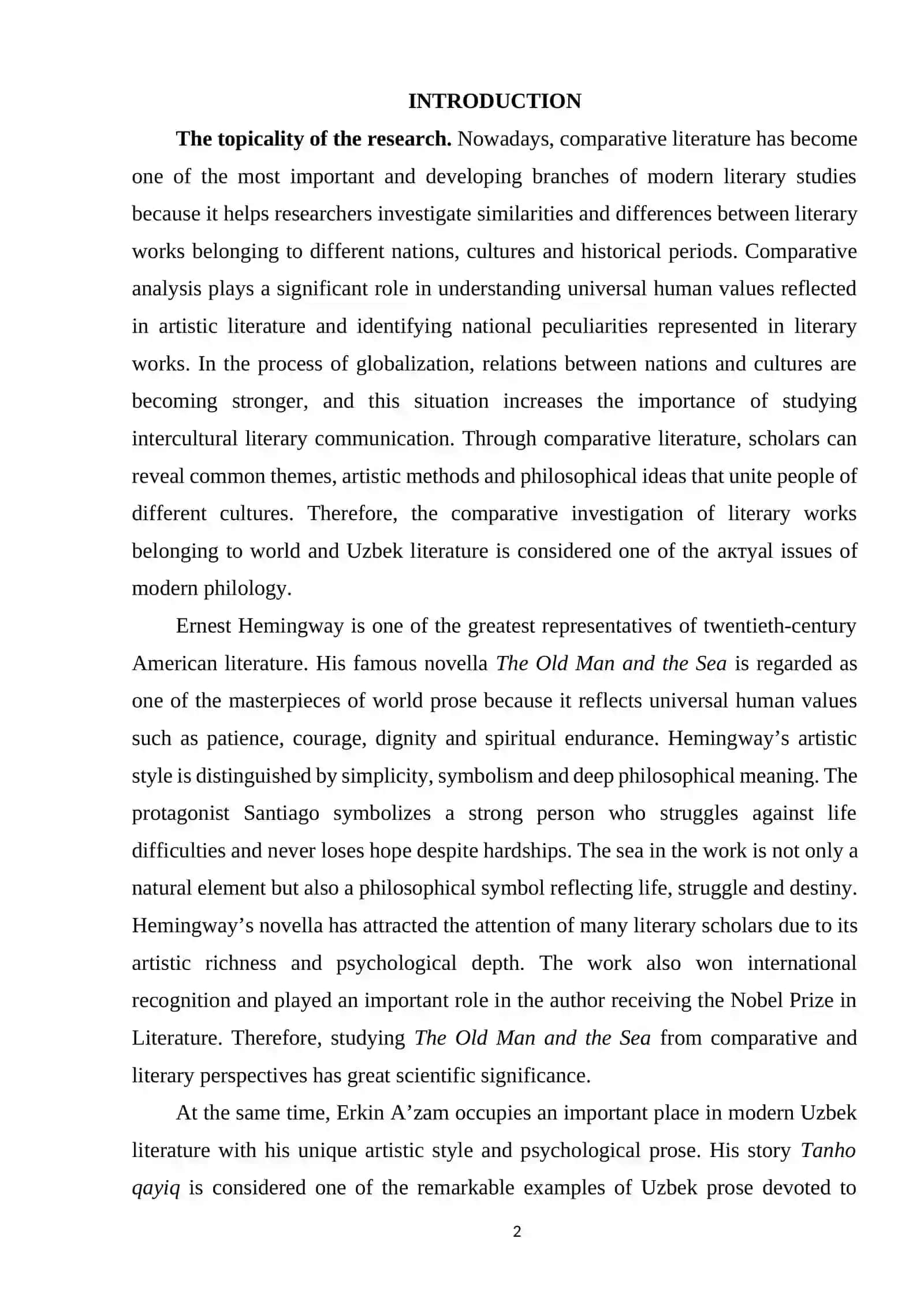 Comparative Analysis of Ernest Hemingway’s The Old Man and the Sea and Erkin A’zam’s Tanho qayiq 2