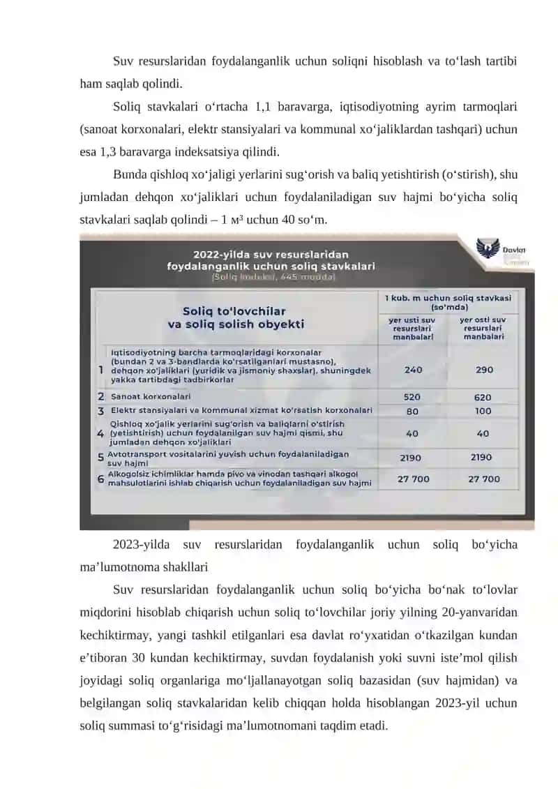 Suv resurslaridan foydalanganlik uchun soliqni to'lovchilari soliq solish obekti va stavkalari 2