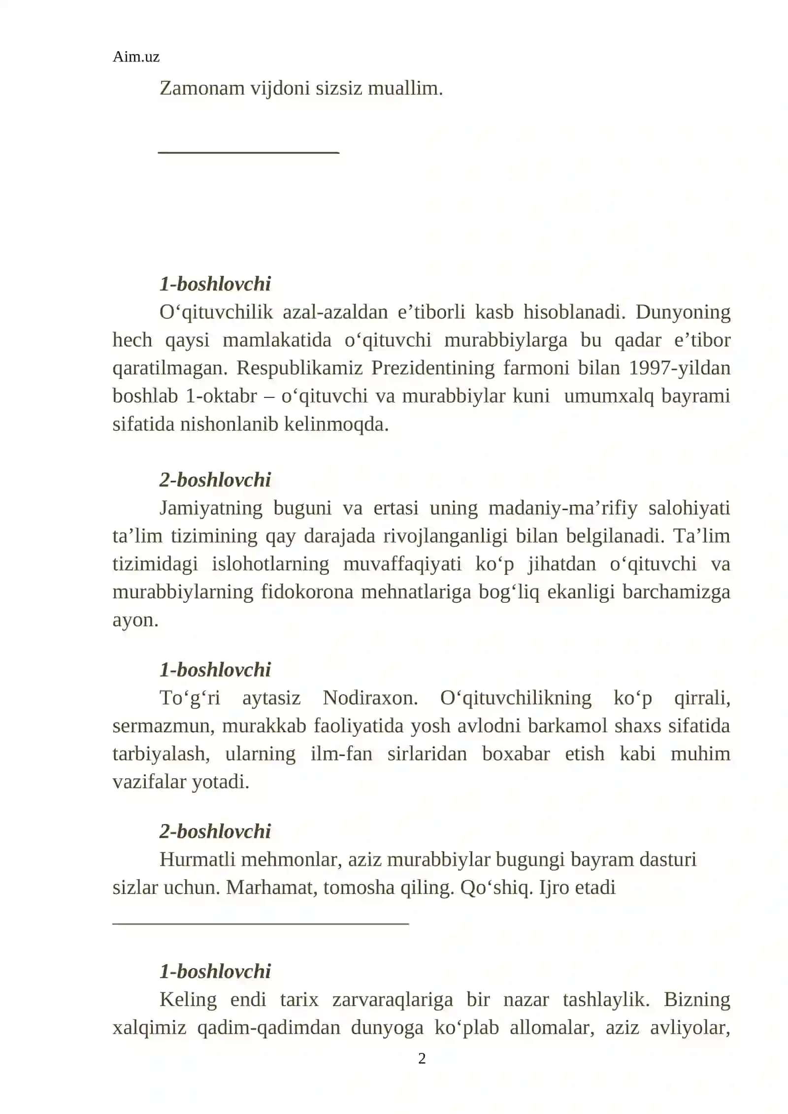 “O‘QITUVCHI VA MURABBIYLAR” KUNIGA BAG‘ISHLANGAN “BAYRAMINGIZ MUBORAK, AZIZ USTOZLAR” SIDAGI SSENARIY 2